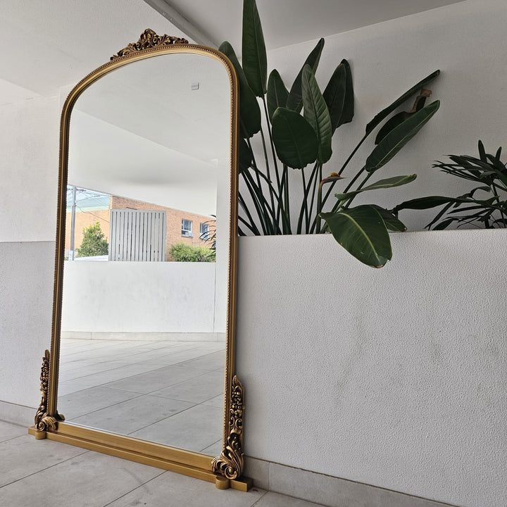 An ornate arch mirror with antiqued gold edge, placed in a room with a white wall and a green potted plant behind it.