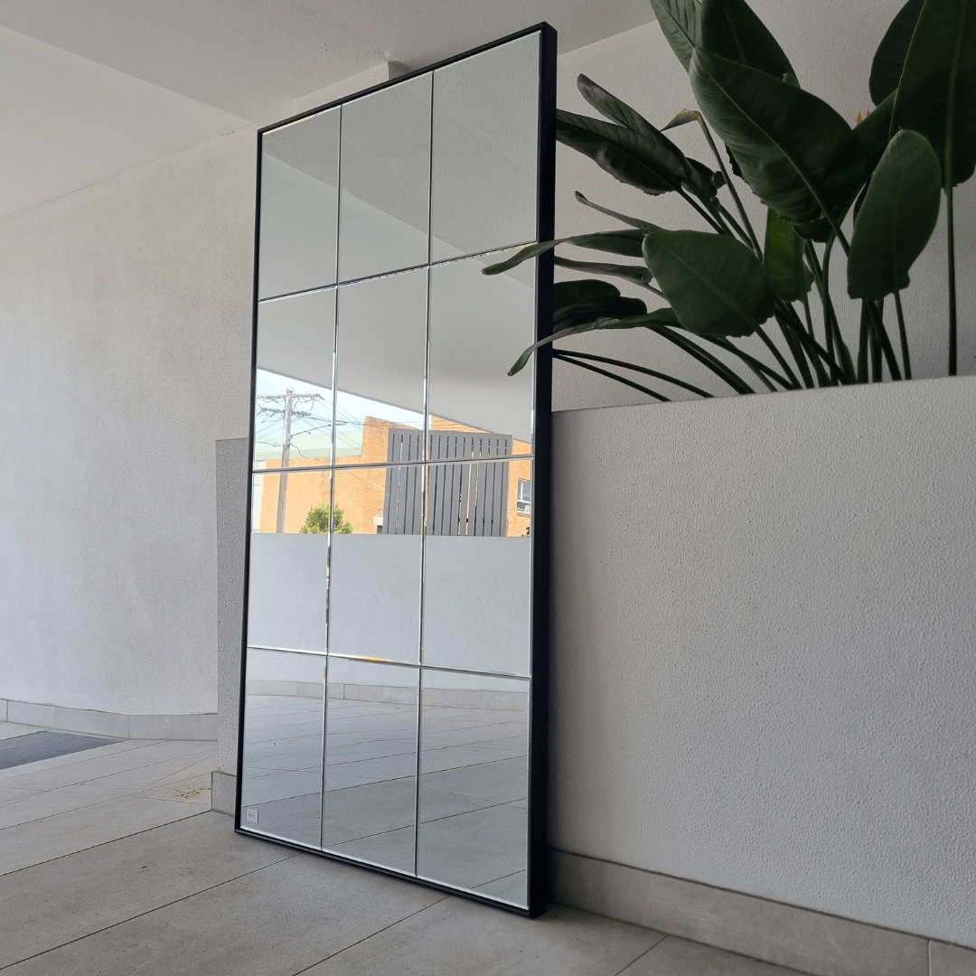 LOFT black grid full-length mirror with window-pane bars, 180x90cm