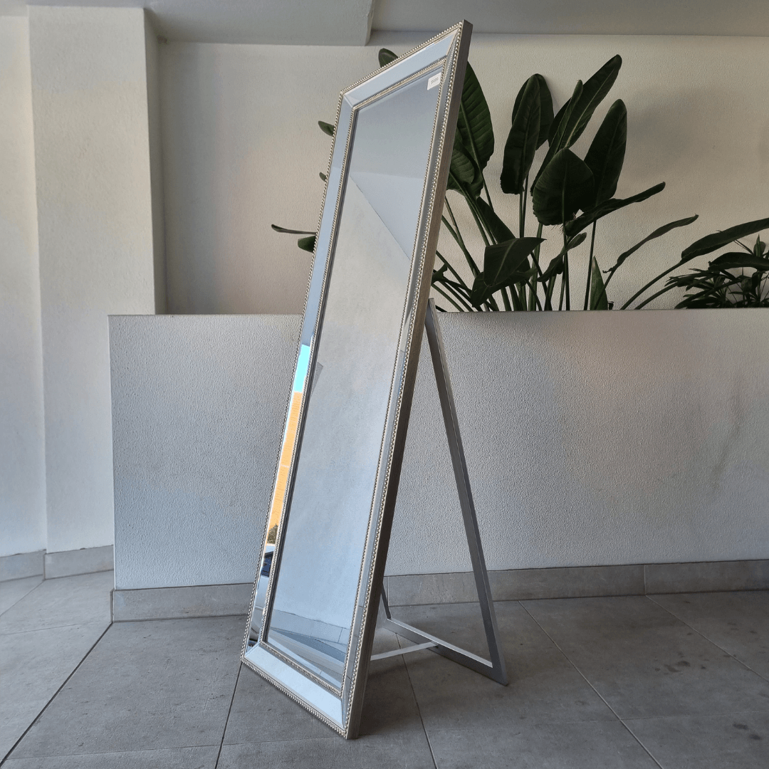 Sapphire Beaded freestanding cheval mirror with a silver beaded frame